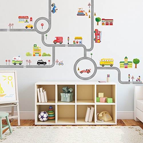 Decowall DA-1404 The Road and Cars Kids Wall Stickers Wall Decals Peel and Stick Removable Wall Stickers for Kids Nursery Bedroom Living Room (Large)