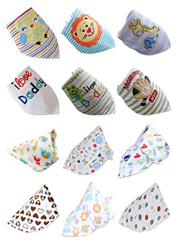 Norcci 12er Baby Kinder Cartoon Baumwolle Dreieckstuch Lätzchen Babylätzchen Halstuch Mit Druckknöpfen Multifunctional