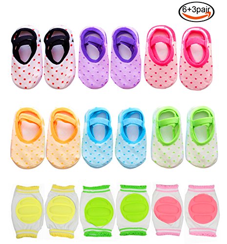 Goodlucky365 6 Pairs Anti Slip Baby Socks Girls with 3 Pair Baby Knee Elbow Pad Crawling Safety Protector for 8 - 36 Months