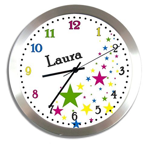 Kinderuhr mit (Wunsch) Namen | Kinder Funkuhr | mit Analog – Ziffernblatt | leise |ideal für Kinder | Motiv Sterne