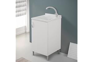 INBAGNO Mobile lavatoio Lavanderia in Legno con Vasca in Resina Resistente agli acidi, Completo di ASSE di Lavaggio e Kit sifone + piletta (Bianco, 45x50 cm 1 Anta)