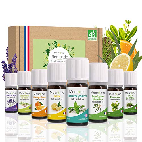 Mearome - 8 x 10 ml Huiles essentielles BIO + guide d'aromathérapie - AB HEBBD - HECT - Qualité et Fabrication FRANCAISE - coffret kit pour cuisine, aromathérapie & diffuseur - idée cadeau