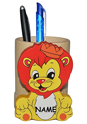 Preisvergleich Produktbild Stifteköcher / Stiftebox / Stiftehalter - Löwe mit Krone - aus Holz incl. Name - Stifte Stift Holz - Zahnbürstenhalter Utensilienbehälter / Stiftebecher / Kinderzimmer - Butler für den Schreibtisch - für Kinder + Erwachsene - Jungen Mädchen / Tiere Löwen Zootier Prinz