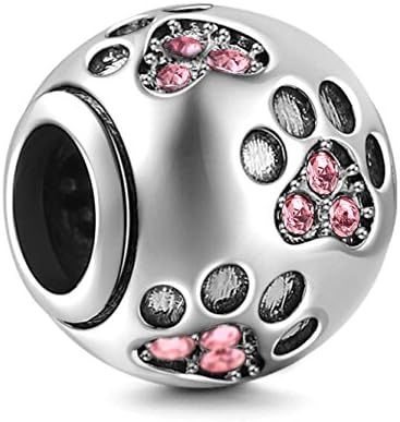 FantasticharmDog Paw Print Charms 925 Sterling Silver Animal Pawprint Bead for Snake Chian European Bracelet (Pink Crystal)