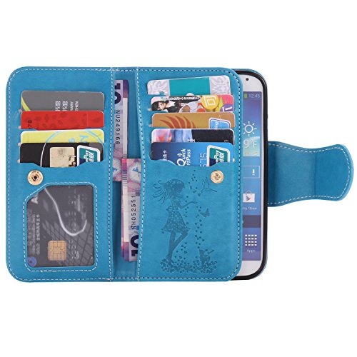 Galaxy S4 Hülle,Galaxy S4 Schutzhülle,Galaxy S4 Leder Hülle,ikasus® Prägung Floral Blumen Mädchen und Katze Vögel Muster PU Lederhülle Flip Hülle im Bookstyle Cover Schale Slim Fit Soft Silikon Magnetverschluss Schutzhülle PU Leder Hülle Flip Wallet Case Kunstleder Tasche Cover mit Standfunktion und Kartenfächer Tasche Wallet Case für Samsung Galaxy S4 i9500 – Mädchen und Katze:Blau - 3