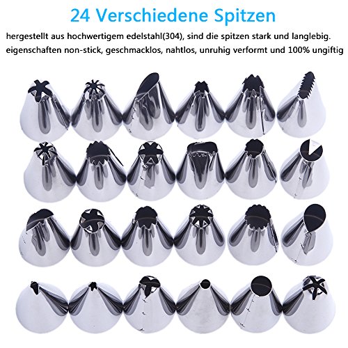 Dekool Spritztüllen Set mit 24 Stücke Garniertülle und 2 Kupplung für Keksen, Plätzchen, Pralinen, Geburtstag Tortendeko und Torten Deko Decorating Tools aus Edelstahl - 2