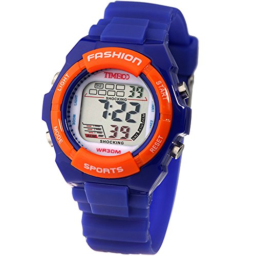 TIME100 Ostergeschenk für Kinder Multifunktion-Digital-Armbanduhr Sportuhr Mädchenuhr Jungenuhr Kinderuhr Blau+Orange für Geschienk Schwarzer Freitag Weihnachten#W40011L.03A