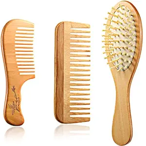 3 Pieces Wooden Detangling Comb Set Wooden Wide Tooth Comb No Static Wooden Bamboo Paddle Hair Brush Scalp Comb Sandalwood Hair Comb for Curly Hair Dry Wet