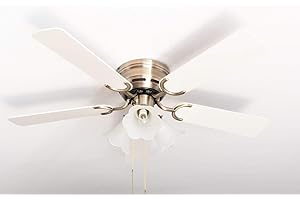 ‎PEPEO Pepeo - Kisa Deckenventilator mit Beleuchtung | Ventilator mit Zugschalter in Messing mit Wendeflügeln in Weiß und Ahorn-Holzoptik, Durchmesser 105 cm. (Farbe: Messing, Weiß/Ahorn)