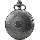 SEWOR Klassische Taschenuhr, gemustertes Gehäuse, Mechanisches Uhrwerk mit Handaufzug, Geschenkbox aus Leder (Schwarz)