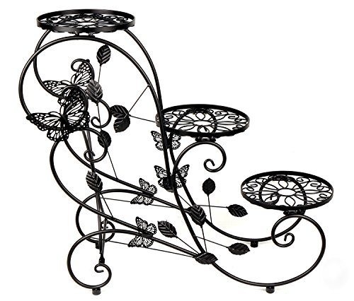 HLC 3 Töpf Metall Blumenständer Blumentreppe Pflanzer,stufenförmig Schwarz - 3