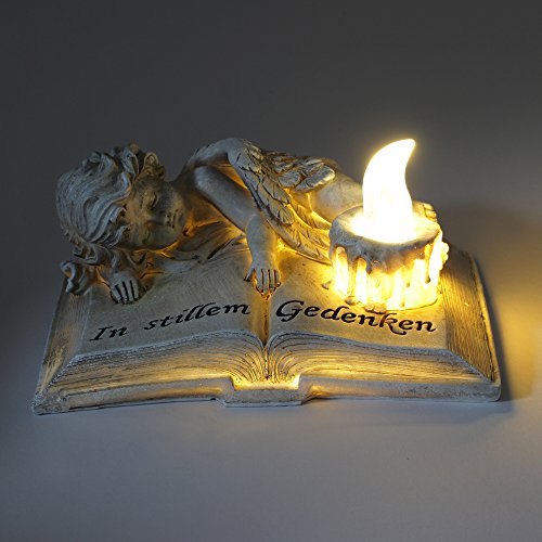 COM-FOUR® Deko Buch „In stillem Gedenken“ mit Engel und LED-Kerze, in Stein-Antik-Optik, als Grabschmuck, 16,5×12,3cm - 2