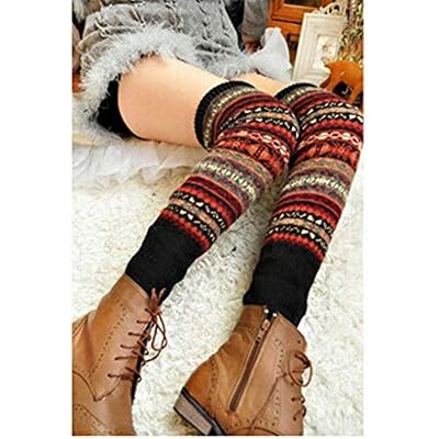 HuaYang Fashion longue chaussette des femmes collant jambière tricoté d'hiver(Noir)