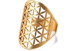 Amaxer Fiore della vita in acciaio inossidabile Mandala Geometria Sacra Anello per donna Dichiarazione scavato fuori anello regolabile Gioielli per donna