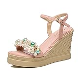 Sandalen Feifei Frauen Schuhe Tuch Material Sommer Vintage-Mode Strass Komfortable 3 Farbe Optional (mit Hoch: 9 cm, Wasserdichte Plattform: 3,5 cm) (Farbe : Pink, Größe : EU37/UK4.5-5/CN37)
