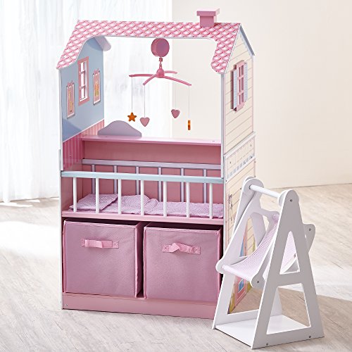 Teamson Kids - All in One 18 inch Baby Doll Nursery Station (Changing Table + Crib + High Chair + Cabinet) with Swing | Wooden 18 inch Doll Furniture
