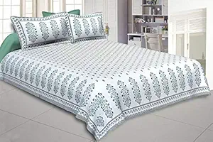 Vani e 100% Cotton Sanganeri Hand Screen Printed Green King Size Double Bed Bedsheet with 2 Pillow Covers
