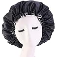 ORiTi Satin Bonnet Sleep Bonnet Cap - Extra Large Double Layer Reversible Adjustable Satin Cap for Sleeping Hair Bonnet (Black+Silver)