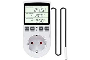 IWILCS Temperaturregler Steckdose, Temperaturschalter mit LCD Display, Digital Thermostat Steckdose Fühler Steckdose für Gewächshaus Heizung Kühlung Terrarium Thermostat (200-250VAC, 50/60HZ)