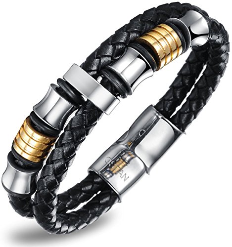 OSTAN Schmuck Herren Leder Seil Armband Geflochtenes Edelstahl Gliederarmbänder Schwarz