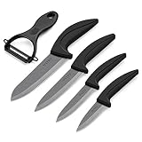 INTEY Cuchillos de Cerámica Set 4 Piezas Cuchillos de Cocina con Chaqueta Protectora y 1 Pelador Cerámica(Color Negro)