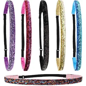 6 Thin Sparkly Glitter Elastic Headbands, Non Slip Stretch Velvet Fabric for Teen Girls, Stretchy Workout Fashion Hair Accessories for Women and Teens, Yoga & Sports Head Wraps for Kids (Thin)