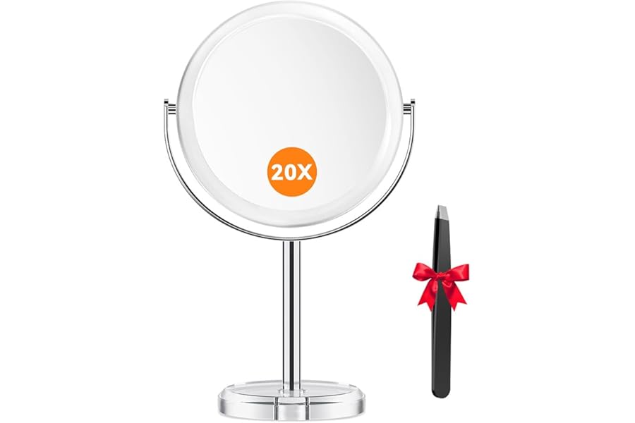 Auxmir 20X Magnifying Vanity Mirror with Tweezers, 6.8'' Double Sided 20X/1X Magnifying Makeup Mirror with Stand, 360° Rotation Bathroom Vanity Mirror for Shaving, Dressing Table, Desktop, Bedroom