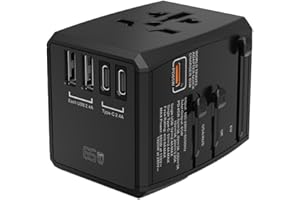 BESTYKS Adattatore da viaggio in tutto il mondo, ricarica rapida USB-C 65 W integrata con 2 prese USB-C e 2 adattatori USB-A all-in-one universale con connettori UE UE-US AU per più paesi