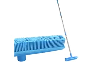 LANDHOPE Lanhope Push Broom Rubber Bristles Sweeper Squeegee Edge with 51 inch Adjustable Long Handle Non Scratch Bristle, Indoor Outdoor Broom for Pet Cat Dog Hair Carpet Hardwood Tile Windows Cleaning (Blue)