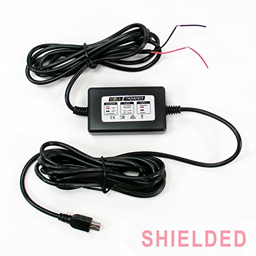 Kit completo: adaptador de corriente de 12 V a 5 V de CELLPOWER con cable mini USB, BDP (dispositivo de prevención de descarga de la batería) y sistema de corte de corriente a baja tensión para cámaras de salpicadero (dashcams) con conexión mini USB