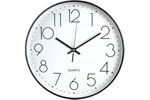 Tebery Horloge Murale Moderne de 12 Pouces, Horloge de Cuisine à Quartz Silencieuse à Piles Ronde Facile à Lire pour la Maison/Bureau/École, Noir,blanc