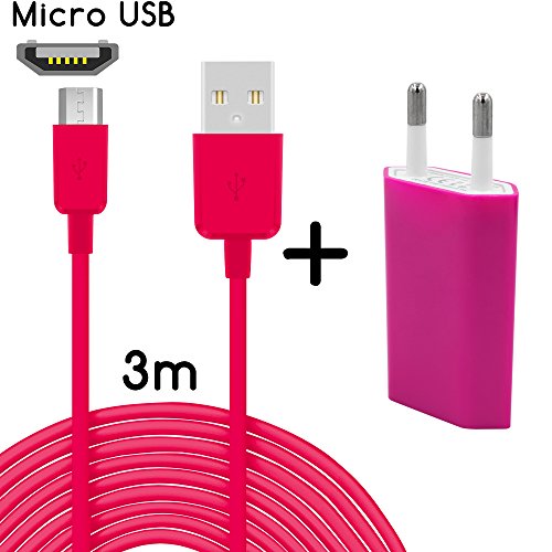 Original COVERLOUNGE - 2in1 Ladeset mit Micro USB Kabel / Datenkabel / Ladekabel [3m] & Slim Netzteil USB universal Adapter [1.0A] für alle Samsung Smartphones mit Micro USB Anschluss | Farbe: pink | Länge: 3 Meter / 3m