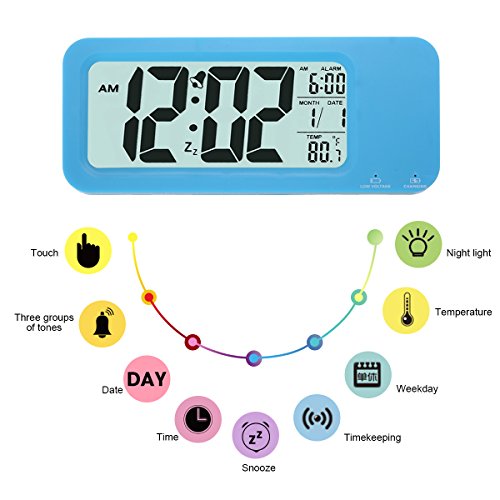 KING DO WAY USB Intelligentes Wecker LED Digital Uhr Große Display Voll Funktions Snooze, Triple-Alarm, Temperatur-Anzeige, Smart Licht USB-Aufladung Umweltschutz JC1908 Blau - 3