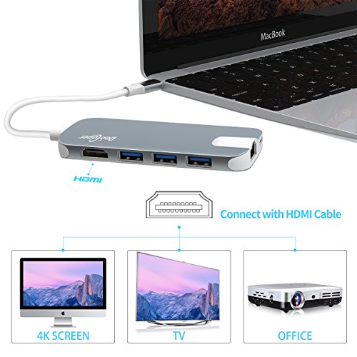 Type C Hub, Dootoper USB C Hub mit 3 USB 3.0 Ports, 4K HDMI Port, Ethernet-Port(1000Mbit/s), SD-Kartenleser, Micro SDHC und USB C Ladeanschluss, für Geräte mit USB Typ C wie MacBook Air, MacBook Pro, Mac Mini, Google Chromebook 2016(Space Gray) - 4