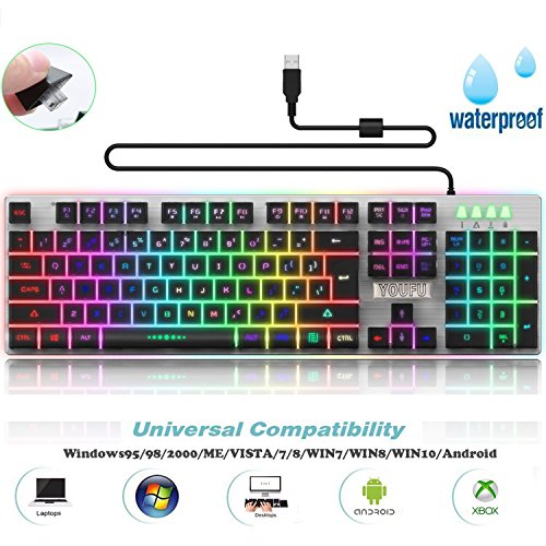 Preisvergleich Produktbild Gaming Tastatur, Mechanische Skiller Pro Plus Hintergrundbeleuchtung RGB LED Gaming-Tastatur, Beleuchtete 7 Farben Helligkeit USB wasserdicht Mechanical Keyboard für Pro Gamer, Schwarz