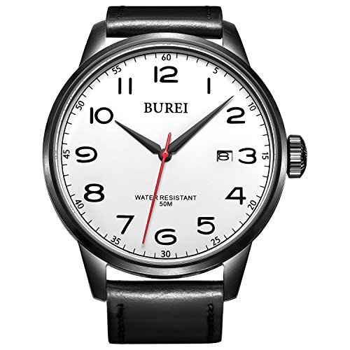 Burei Herren Datumanzeige Wasserdicht Quarz Uhr mit Schwarz Leder Leinwand Band, weies Zifferblatt