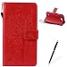 Produktbild LG K4 Hülle, Feeltech Premium Design PU Leder Beschützer Haut Schutzfolie Tasche, Geprägte Baum Katzen Schmetterlings Blumen Muster [with Free Stylus Pen] Kartenfächer Kreditkarte Holder Stand Funktion Magnetverschluss Bookstyle Flip Wallet Handyhülle für LG K4 - Rot