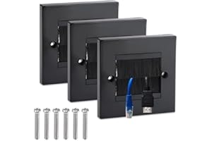 ADERTOS 3 PCS Brush Wall Plate Cable Passthrough Wall Outlet, Wall Mounted Brush Faceplate, Single Gang Cable Access Strap, Tidy Cable Pass Through Insert, Standard Black Wallplate with Black Brushes
