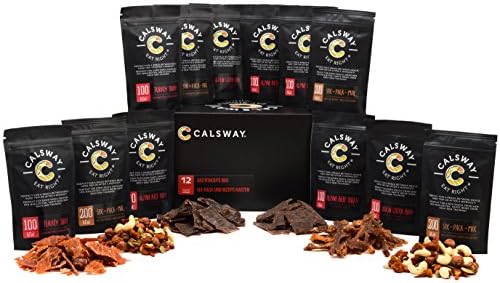 (Pack of 12) ABS'N'BICEPS High in Protein Snack Box by Calsway - Beef Jerky, Fish Jerky, Turkey Jerky, Nuts and Berries