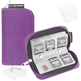 Étui de transport pour carte mémoire - Adapté pour cartes SD et SDHC - 8 pages et 22 logements - Chiffon de Nettoyage en Micro-Fibre ECO-FUSED inclus (Violet)