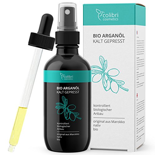 Bio Arganöl 120ml nativ und kaltgepresst, ohne Silikon - 100% reines Arganöl für Haare, Haut und Nägel, zertifiziert biologisch in Lichtschutz Glasflasche, reich an Vitamin E, feuchtigkeitsspendendes Anti Aging Serum, inkl. Spray-Kopf und Pipette - colibri cosmetics / Naturkosmetik made in Germany