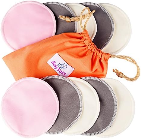 Washable Nursing Pads 12 Pack | Organic Bamboo | Laundry &amp; Travel Bag | Free Breastfeeding &amp; Sleeping Guide | Softest Reusable Breast Pads by BabyVoice (Medium, white-grey-pink)