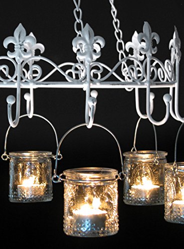 Windlicht, Gartenlaterne, Hängeleuchter, Kerzenhalter, Nostalgie-Kerzenleuchter „Lilie“, Metall Weiss gewischt im Shabby-Used-Look, Ø 36 cm und 6 Teelichthaltern. - 3