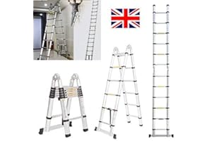 AUTOBABA Aluminum 3.8m/12.5ft Folding Telescopic Ladder Extendable 16 Steps, Can Be Straight Or A-Frame Ladder, EN131 Certification, 150KG Capacity