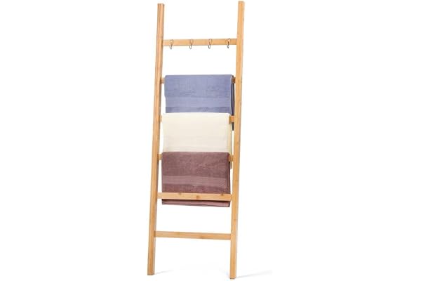 Relquorax Handduksstege bambu, steghylla med 6 ribbor och 4 krokar, klädstege, handdukshängare för badrum, H x B 170 x 43 cm (natur)