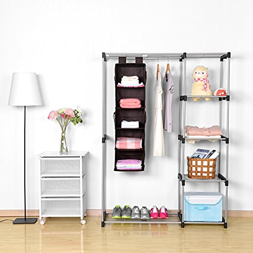 Maidmax Hänge-Aufbewahrung, 5 breite Fäher Plus 4 Seitentaschen, Heavy-Duty für Kleiderschrank Wäschesortierer, Vlies-Gewebe, faltbar – Braun(30cm x 30cm x 106cm) - 4