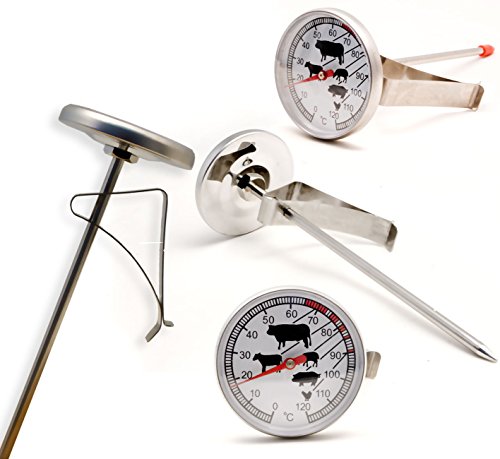 HOMETOOLS.EU – Temperaturbeständiges analoges Back Küchen Lebensmittel Fleisch BBQ Grill Koch Thermometer | mit Halterung für Topf, Grill, Bräter | 0°C – 120 °C | für Niedrigtemperatur Garen, Pulled Pork, das perfekte Steak, saftigen Braten - 2