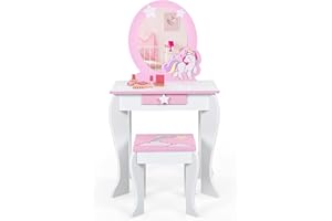 RELAX4LIFE Toeletta da Trucco con Sgabello per Bambini, Scrivania con Specchio Rotondo Rimovibile, Cassetto con Manopola a Stella, Scrivania e Sedia per Cameretta, Modello Unicorno (Bianco)