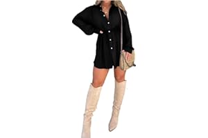 Gokame Satin Covered Nights Romper Dress, Satin Dress Set, Casual Button Shirt Dress Shorts Set, Solid Color Long Sleeve Shirt Suit