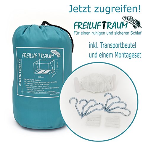 FREILUFTRAUM – Großes Moskitonetz für Doppelbetten 200x220x200cm – Hochwertiger Mückenschutz im Schlafzimmer oder Garten, inkl. gratis Tragebeutel und Montageset - 7